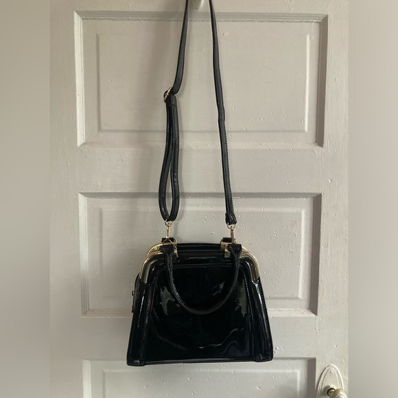 Vintage Black Patent Leather Satchel Bag with Gold Details - Picture 7 of 15